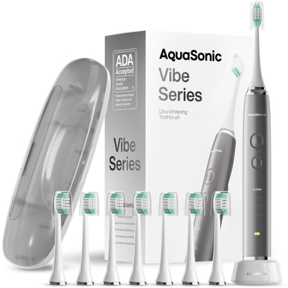 Aquasonic Vibe Series Ultra-Whitening Toothbrush - ADA Accepted Electric Toothbrush - 8 Brush Heads & Travel Case - 40,000 VPM Motor & Wireless Charging - 4 Modes w Smart Timer - Charcoal Metallic