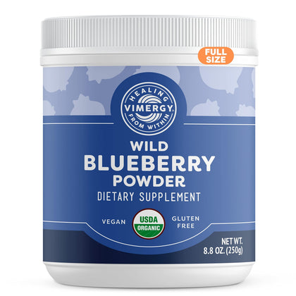 Vimergy USDA Organic Wild Blueberry Supplement Powder, 62 Servings - Natural Wild Blueberries - Fruit Powder for Smoothies, Juices, Fruit Bowls - Low-Bush, Non-GMO, Gluten-Free, Vegan, Paleo (250g)