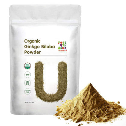 UNLEASH'D ORGANIC Ginkgo Biloba Powder 1 Pound, Supports Brain Function and Mental Alertness, Vegan Friendly Ginkgo Leaf Powder Organic, Raw, Non GMO