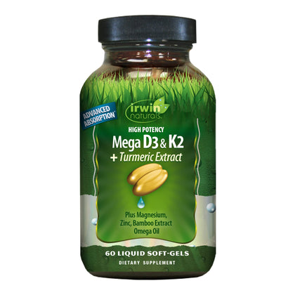 Irwin Naturals High Potency Mega D3 & K2 + Turmeric Extract for Healthy Bones, Immune Function & Positive Mood - Advanced Absorption with Magnesium, Turmeric, Bamboo & Omega Oil - 60 Liquid Softgels