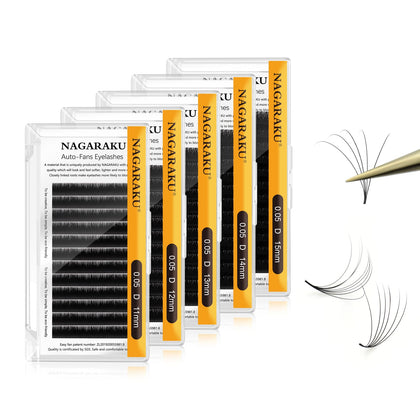 NAGARAKU Easy Fan Eyelash Extensions Volume Lashes 5 Trays in 1 Pack 0.05 D curl 11/12/13/14/15mm Rapid Blooming Russian Mega Volume Soft Cluster For Beginners