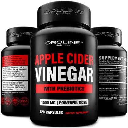 Apple Cider Vinegar Pills with Prebiotic, 2 Month Supply - Apple Cider Vinegar Capsules - Apple Cider Vinegar Supplements, Apple Vinegar Tablets - Energy and Gut Health Support for Women & Men 1500 mg