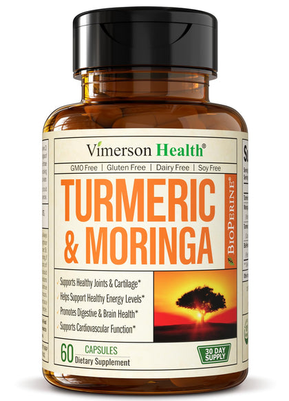 Turmeric Curcumin & Moringa Leaves Extract with Black Pepper. Joint Support Supplement with Tumeric (95% Curcuminoids), Bioperine & Moringa Oleifera Leaf for Joints, Digestion & Energy. 60 Capsules