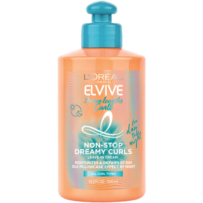 LOréal Paris Elvive Dream Lengths Curls Non-Stop Dreamy Curls leave-in conditioner, Paraben-Free with Hyaluronic Acid and Castor Oil. Best for wavy hair to coily hair, 10.2 fl oz