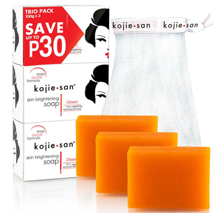 Kojie San Skin Brightening Soap - The Original Kojic Acid Soap that Reduces Dark Spots, Hyper-pigmentation, & other types of skin damage - 100g x 3 Bars with Net