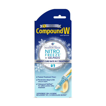 Compound W NitroFreeze + GelPads, Wart Removal, 1 Pen, 8 Replaceable Tips & 3 Waterproof Hydrocolloid GelPads