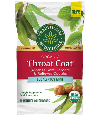 Traditional Medicinals Throat Coat Organic Cough Drops, Eucalyptus Mint with Menthol, Soothes Sore Throats & Relieves Coughs, 16ct.