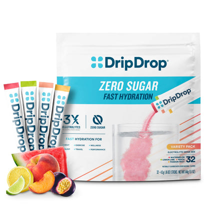 DripDrop Hydration - Zero Sugar Variety Pack - Electrolyte Drink Mix Hydration Powder Packets - Lemon Lime, Watermelon, Peach, Passion Fruit | Keto & Paleo | Non-GMO, Gluten Free, Vegan | 32 Sticks