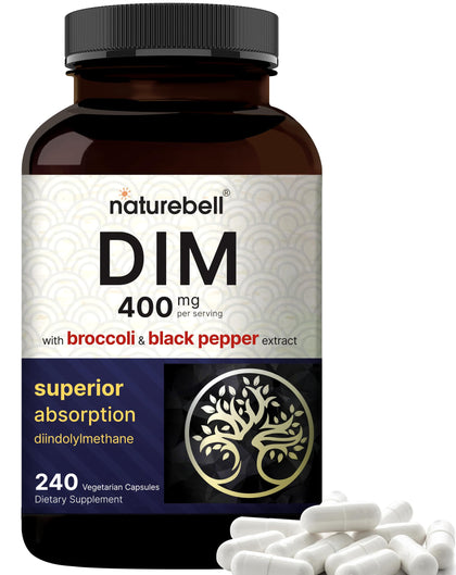 NatureBell DIM 400mg as Diindolylmethane, 240 Veggie Capsules | with Broccoli & Black Pepper for Max Absorption - Hormonal* and Estrogen* Supplements, Menopause Support - No GMOs, No Soy, Vegan