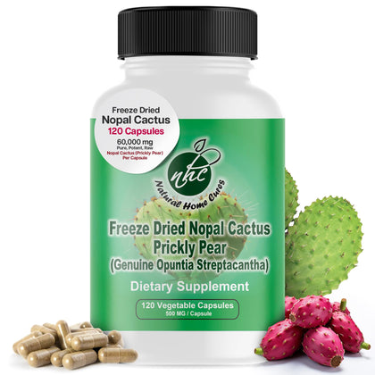 Natural Home Cures Nopal Cactus Capsules - Freeze Dried 60,000 mg Prickly Pear Extract - Supports Metabolic Health & Healthy Lifestyle - Rich in Betalains & Nitrates - Non-GMO | 120 Veggie Caps