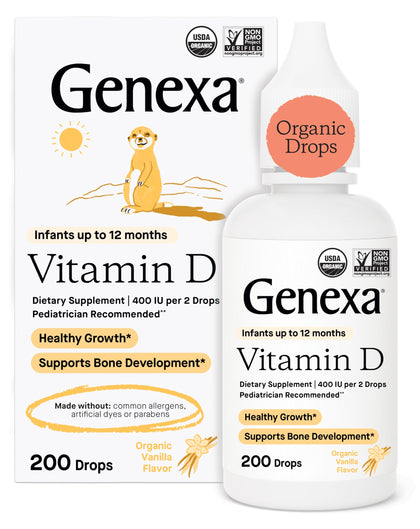 Genexa Infants Vitamin D Liquid Drops for Baby & Toddler | USDA Organic Vitamin D3 for Newborn | Immune Support & Bone Health | Vegan | Gluten Free | Non-GMO | 90 Servings