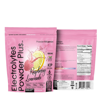 PowderVitamin Electrolytes Powder Plus (100 Servings) Raspberry Lemonade Electrolyte Powder Zero Calorie Keto, 0 Sugar, No Maltodextrin,1000mg Potassium,120mg Calcium,120mg Magnesium, Hydration Powder