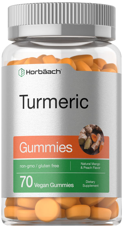 Horbäach Turmeric Gummies | 70 Count | Mango & Peach Flavor | Turmeric Curcumin with Ginger | Vegan Non-GMO & Gluten Free Supplement