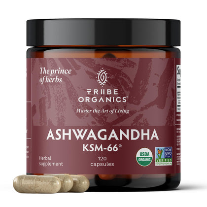 TRIBE ORGANICS Ashwagandha KSM 66 Pure Organic Root Powder Extract Ayurvedic Supplement - Focus, Mood Support, Increase Energy, Strength, 600mg of Natural KSM66 for Superior Absorption - 120 Capsules