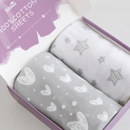 Bassinet Sheets Compatible with Newton and QUTANIX Baby Bassinet Bedside Sleeper, Grey Hearts and White Stars Print for Baby