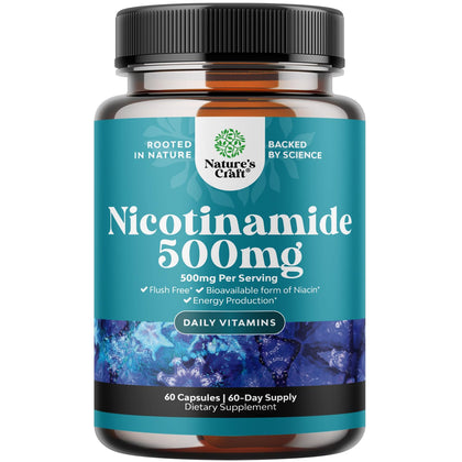 Vitamin B3 Niacinamide 500mg Capsules - Mitochondrial Energy and Potent Skin Supplement - Vitamin B3 Niacin 500mg Flush Free and Nicotinamide 500mg - Flush Free Niacin Supplement - 60 Count