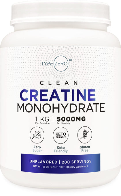 Type Zero Creatine Monohydrate (Unflavored) 1 KG, 5000mg (5g) Per Serving, Micronized, Zero Sugar, Keto Friendly & Gluten Free, 200 Servings