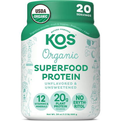 KOS Vegan Protein Powder, Unflavored & Unsweetened - Low Carb Pea Protein Blend, Organic Superfood Rich in Vitamins & Minerals - Keto, Soy, Dairy Free - Meal Replacement for Women & Men - 20 Servings