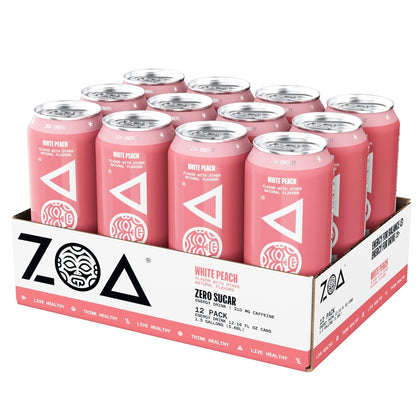 ZOA Zero Sugar Energy Drinks, White Peach - Sugar Free with Electrolytes, Healthy Vitamin C, Amino Acids, Essential B-Vitamins, and Caffeine from Green Tea - 16 Fl Oz (12-Pack)
