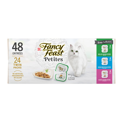 Purina Fancy Feast Gourmet Wet Cat Food Variety Pack, Petites Gravy Collection, break-apart tubs, 48 servings - (Pack of 24) 2.8 oz. Tubs