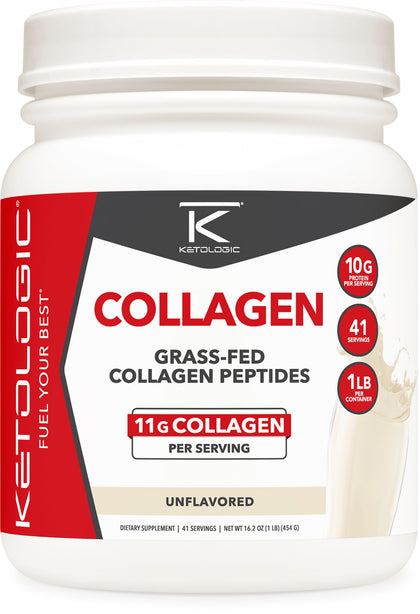 Ketologic Grass Fed Collagen Hydrolysate Powder (Unflavored) (1 LB) - 41 Servings, 11 G Collagen Per Serving, 10 G Protein Per Serving - Grass-fed Collagen Peptides