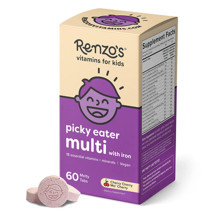 Renzo's Picky Eater Kids Multivitamin with Iron - Dissolving Kids Vitamins with Vitamin D3 & K2 and More - 60 Sugar-Free Melty Tabs, Cherry Cherry Mo Cherry Flavored