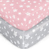 Crib Sheets for Girls 2 Pack, Fitted Crib Sheet for Standard Size Crib and Toddler Mattresses, Soft and Breathable Material, Grey & Pink