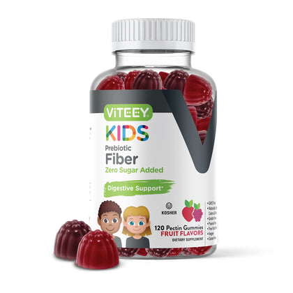 Prebiotic Kids Fiber Gummies for Constipation Relief, Digestive Health Regularity Support, Natural Weight Support - Fiber 4g, Zero Sugar Added, Vegan, Gluten Free - Tasty Chewable Fruit Flavored Gummy