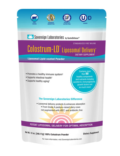 Colostrum-LD Liposomal Delivery - Colostrum Powder - Gluten-Free, Lactose-Reduced - 68 Servings - Sovereign Laboratories - 12oz Plain