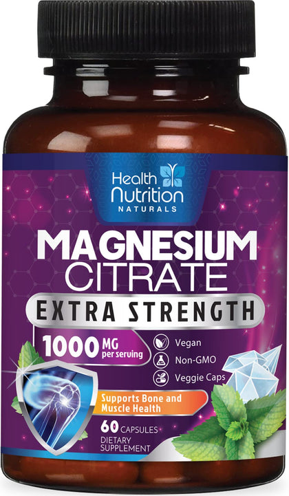 Magnesium Citrate Capsules 1000mg - Max Absorption Magnesium Powder Capsules for Muscle, Nerve, Bone and Heart Health Support, High Absorption Citrate Complex, Gluten Free, Non-GMO - 60 Capsules