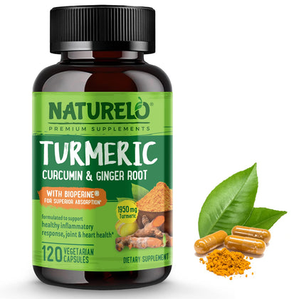 NATURELO Turmeric Curcumin - BioPerine for Better Absorption - Curcuminoids, Black Pepper, Ginger Powder - Plant-Based Joint Support - 120 Vegan Capsules