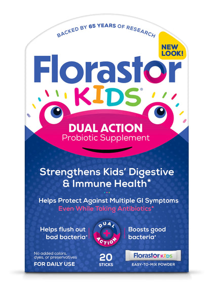 Florastor Kids Dual Action Probiotic Supplement, Strengthens Kids' Digestive & Immune Health, 20 Easy-to Mix Powder Sticks, Packaging May Vary