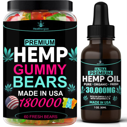 2Pack Hemp Oil and Hemp Gummies Gummy Bears Combo Set-Peace and Relaxation, Relief, Soothing, Discomfort, Sleep-Full Body High Care-Made in USA