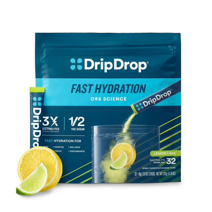 DripDrop Hydration - Lemon Lime - Electrolyte Drink Mix Single Serve Hydration Powder Packets | Non-GMO, Gluten Free, Vegan | 32 Sticks