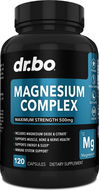 Magnesium Complex Supplement Capsules 500mg - Support Energy, Relaxation, Leg Cramps & Legs - Help Aid Muscle Support Supplements - High Absorption Premium Mag Citrate Oxide - 120 Capsules