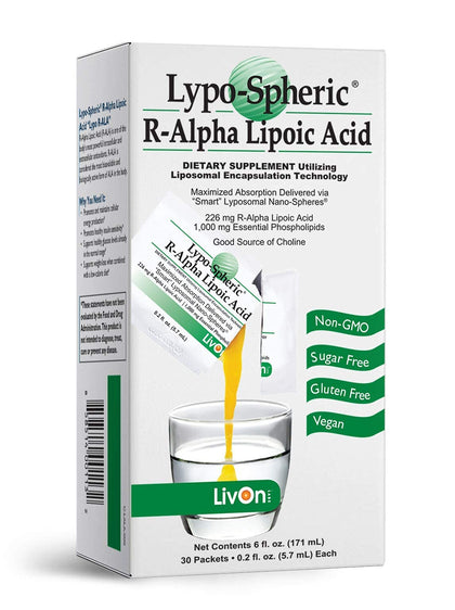 LivOn Laboratories Lypo-Spheric R-Alpha Lipoic Acid - 30 Packets - 226mg Per Packet - Liposome Encapsulated for Maximum Bioavailability - 100% Non-GMO