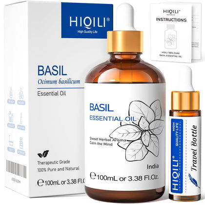 HIQILI Basil Essential Oil, Pure Natural Basil Oil for Diffuser - 3.38 Fl Oz