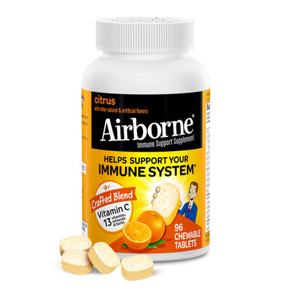 Airborne 1000mg Chewable Tablets with Zinc, Immune Support Supplement with Powerful Antioxidants Vitamins A C & E - 96 Tablets, Citrus Flavor