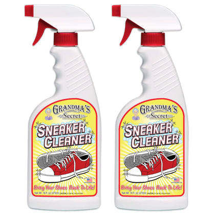 grandma's secret sneaker cleaner for rubber, canvas, leather - stain remover spray removes dirt, grime, grass - shoes cleaner for outdoor slippers, moccasins - 16 oz, 2 pack