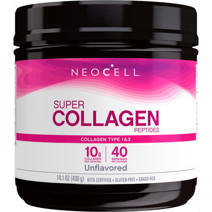 NeoCell Super Collagen Peptides, 10g Collagen Peptides per Serving, Gluten Free, Keto Friendly, Non-GMO, Grass Fed, Healthy Hair, Skin, Nails and Joints, Unflavored Powder, 14.1 oz., 1 Canister