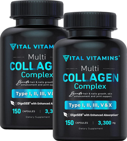 Vital Vitamins Collagen for Women & Men (2 Pack) - Type I, II, III, V, X Multi Collagen Pills - Grass Fed, Non-GMO - 300 Capsules