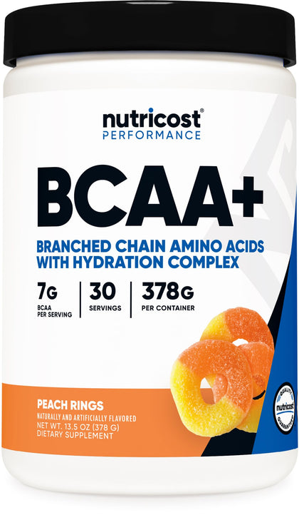 Nutricost BCAA + Hydration Powder (Peach Rings) 30 Servings - Branched Chain Amino Acids with Hydration Complex - Gluten-Free, Non-GMO