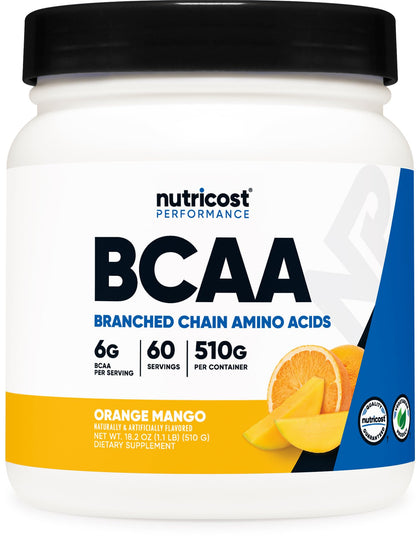 Nutricost BCAA Powder (Orange Mango, 60 Servings) - 2:1:1 Optimal Ratio, Gluten Free, Non-GMO, Vegetarian