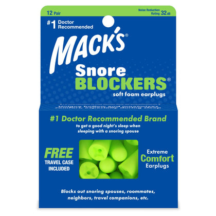 Macks Snore Blockers Soft Foam Earplugs, 12 Pair - 32 dB High NRR, 37 dB SNR - Comfortable Ear Plugs for Sleeping, Snoring, Loud Noise and Travel