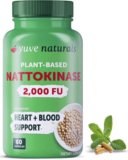 Yuve Nattokinase 2000 FU, Nattokinase Supplement for Cardiovascular Health Support - Natural Blood Thinner - Natokinase Enzyme from Natto Extract, Sugar-Free, Vitamin K Free - 60 Pills, Made in USA