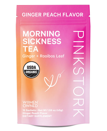 Pink Stork Organic Morning Sickness Pregnancy Tea - Hot or Iced Tea - Prenatal Heartburn, Indigestion, and Constipation Support - 1st Trimester Pregnancy Must Haves - Ginger Peach, 15 Sachets