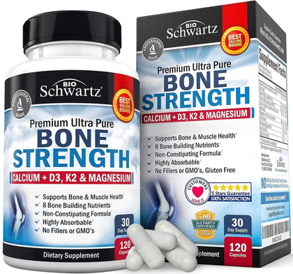 Bone Strength Calcium Supplement - With Calcium, Vitamin D3, K2, C, Magnesium, Zinc - 8 Bone-Building Nutrients, High Absorption, Non-Constipating Formula - 120 Veggie Capsules for Optimal Bone Health