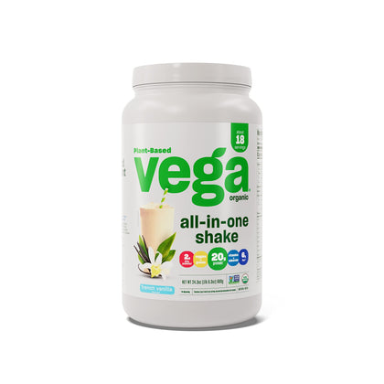 Vega Organic All-in-One Vegan Protein Powder, French Vanilla -Superfood Ingredients, Vitamins for Immunity Support, Keto Friendly, Pea Protein for Women & Men, 1.5 lbs (Packaging May Vary)