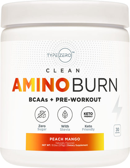 Type Zero AminoBurn - Natural Pre Workout + BCAA (Peach Mango | 30serv) Sugar Free BCAAs Amino Acids Supplement Keto and Amino Preworkout and Post Workout Drink