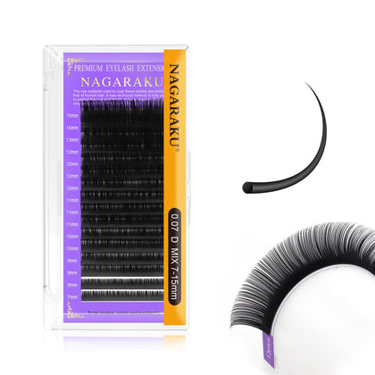 NAGARAKU Eyelash Extensions 0.07mm D curl 7-15mm Mix Tray Individual Lashes Classic Matte Black Faux Mink 16 Rows Professional Beauty Salon Supplies